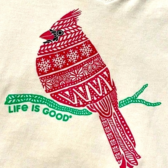 Life Is Good Ivory Long Sleeve (XXLg) Red Cardinal Design V-neck Tee Shirt - Picture 1 of 12
